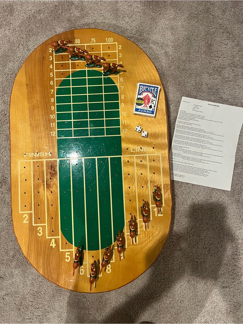 Hand Crafted Wooden Horse Racing Game Board with Green Track